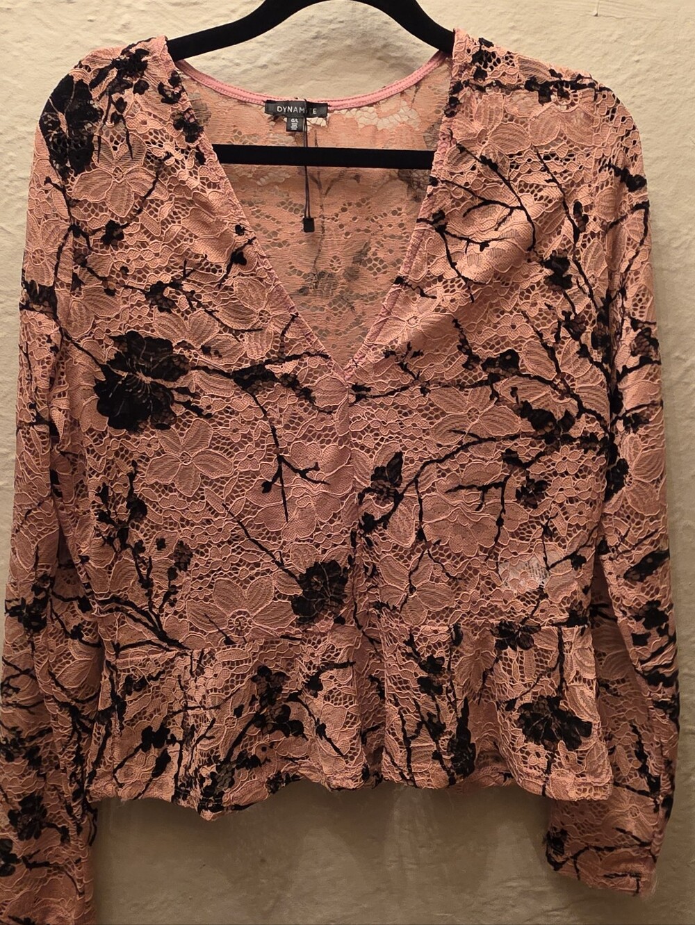Dynamite Pink Black Floral Lace Peplum Top Size L